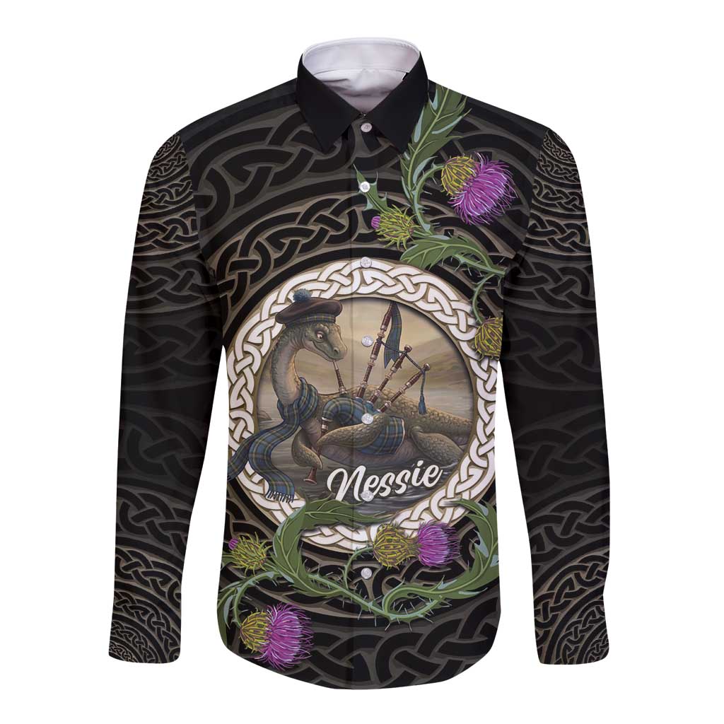 Personalised Loch Ness Monster Scotland Long Sleeve Button Shirt Nessie Bagpipe Scottish Thistle Celtic Knot