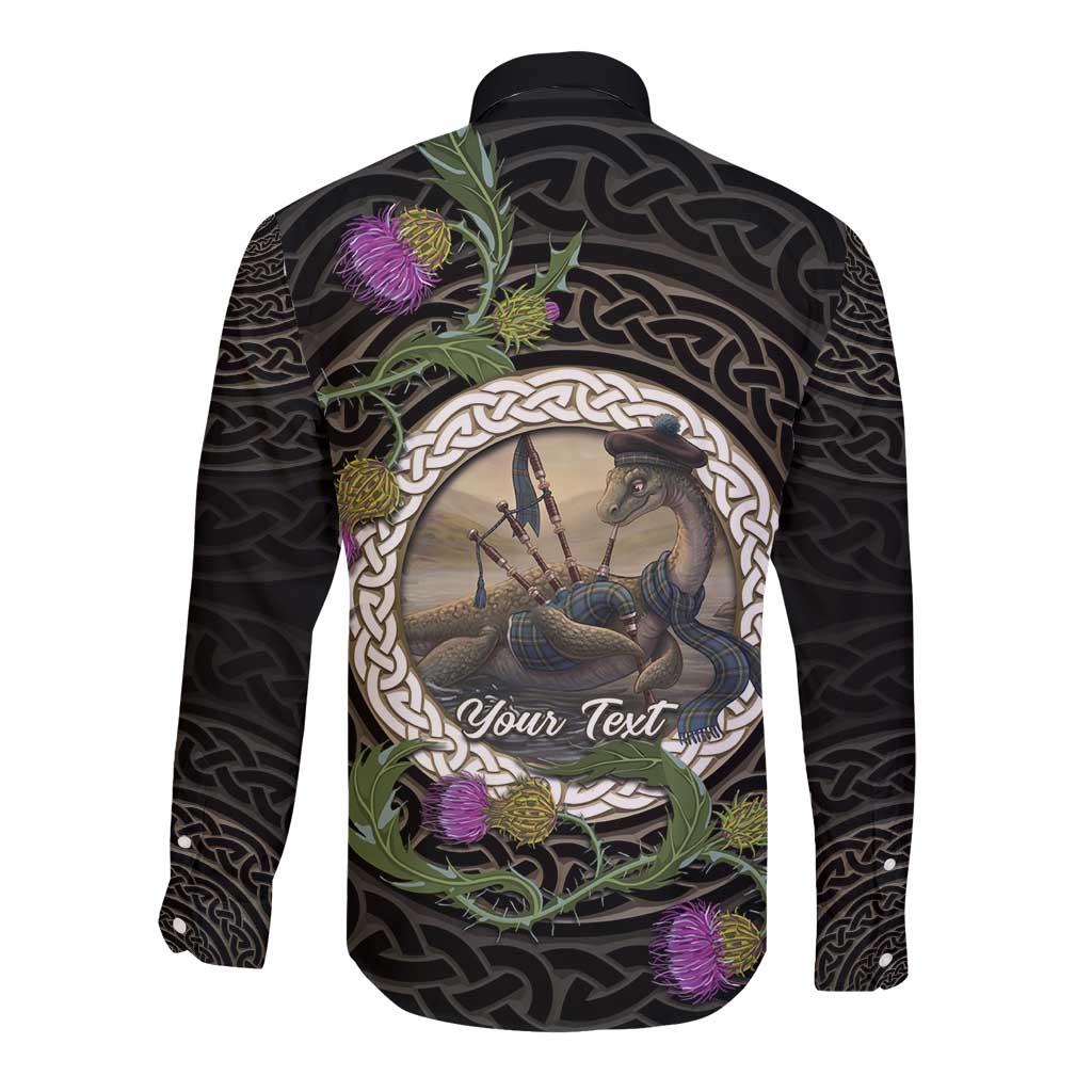 Personalised Loch Ness Monster Scotland Long Sleeve Button Shirt Nessie Bagpipe Scottish Thistle Celtic Knot