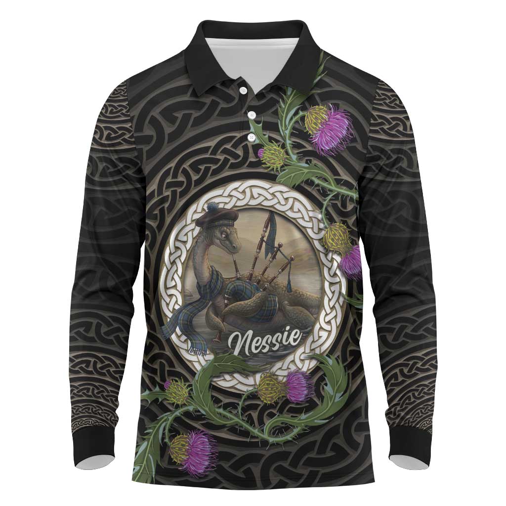 Personalised Loch Ness Monster Scotland Long Sleeve Polo Shirt Nessie Bagpipe Scottish Thistle Celtic Knot