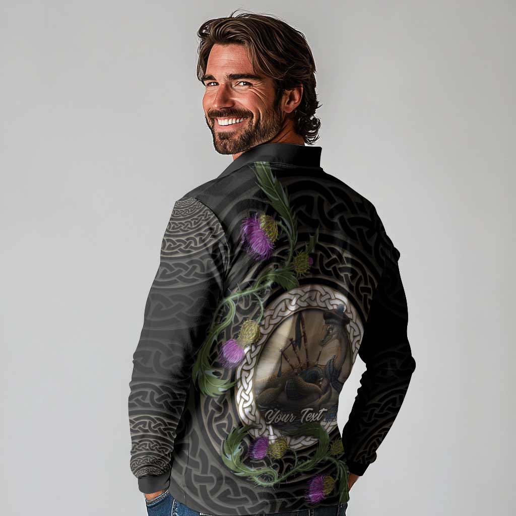 Personalised Loch Ness Monster Scotland Long Sleeve Polo Shirt Nessie Bagpipe Scottish Thistle Celtic Knot
