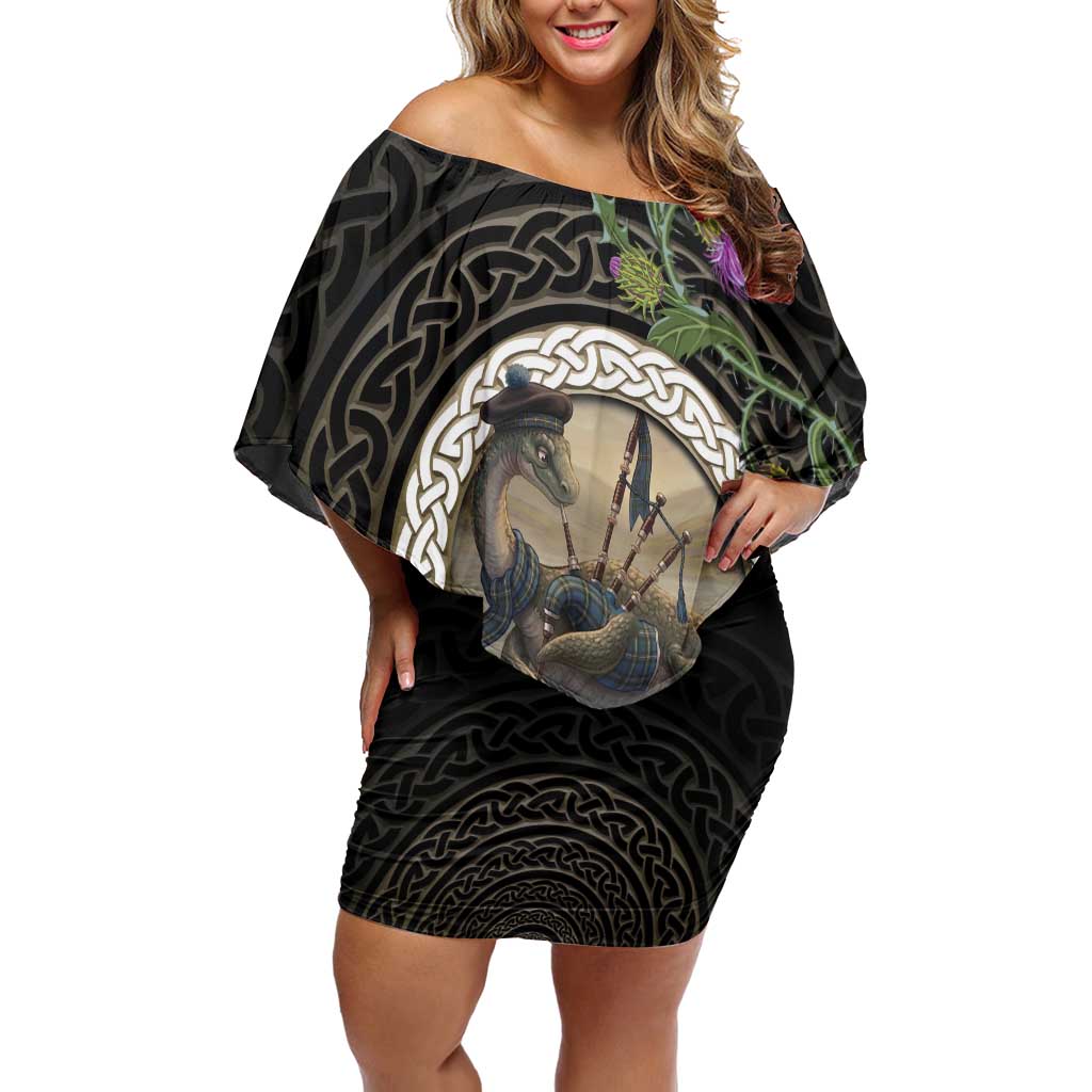 Personalised Loch Ness Monster Scotland Off Shoulder Short Dress Nessie Bagpipe Scottish Thistle Celtic Knot