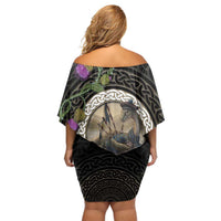 Personalised Loch Ness Monster Scotland Off Shoulder Short Dress Nessie Bagpipe Scottish Thistle Celtic Knot