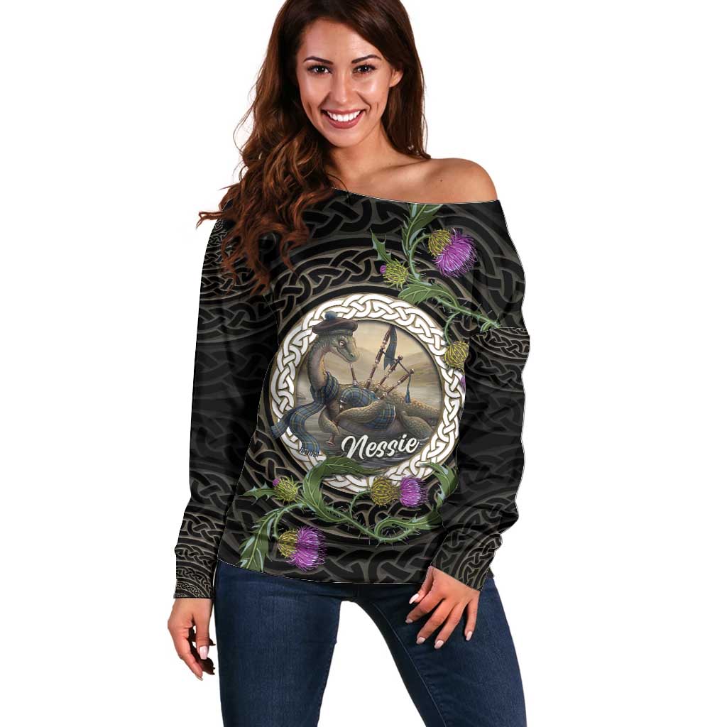 Personalised Loch Ness Monster Scotland Off Shoulder Sweater Nessie Bagpipe Scottish Thistle Celtic Knot