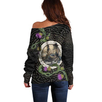 Personalised Loch Ness Monster Scotland Off Shoulder Sweater Nessie Bagpipe Scottish Thistle Celtic Knot
