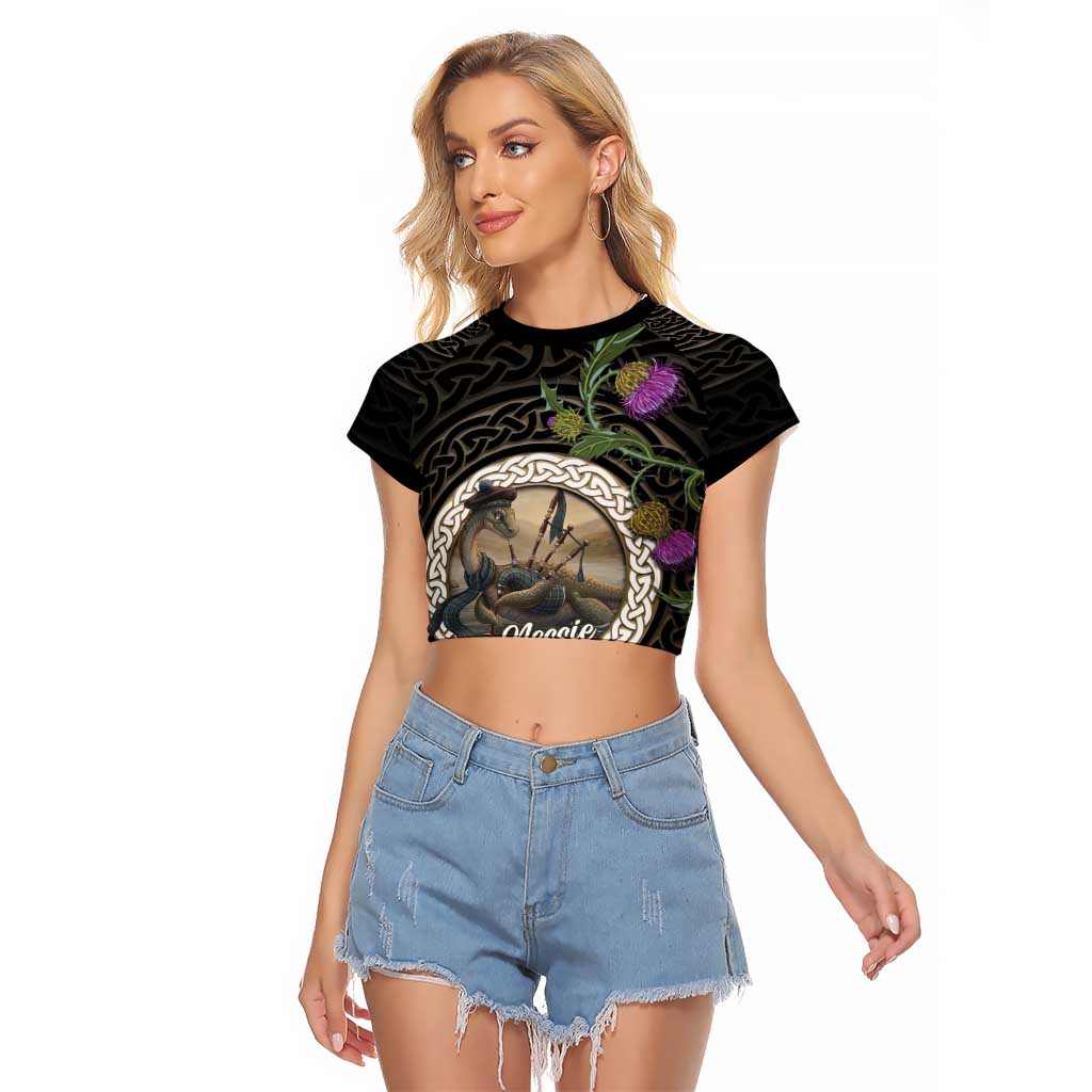Personalised Loch Ness Monster Scotland Raglan Cropped T Shirt Nessie Bagpipe Scottish Thistle Celtic Knot