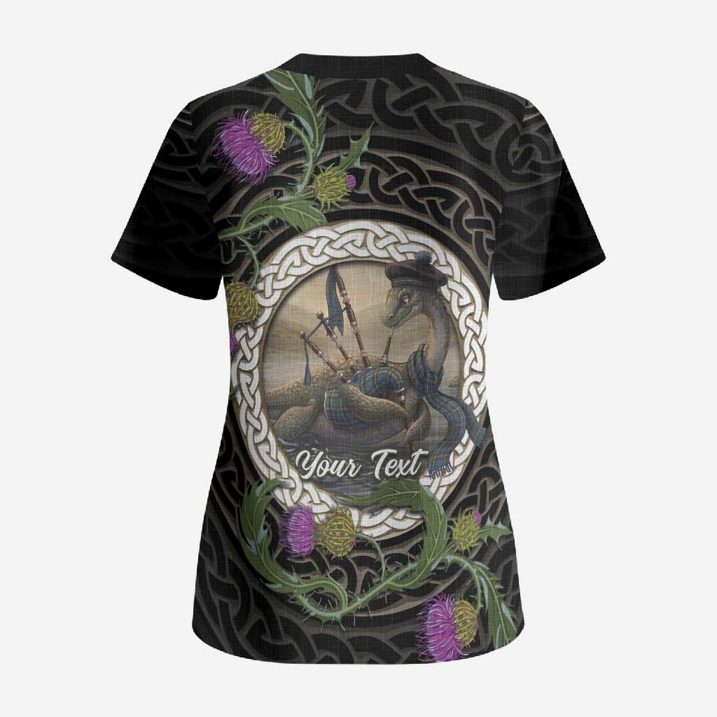Personalised Loch Ness Monster Scotland Scrub Top Nessie Bagpipe Scottish Thistle Celtic Knot