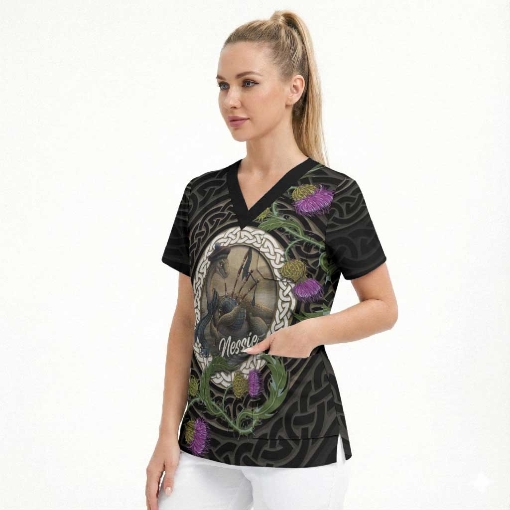 Personalised Loch Ness Monster Scotland Scrub Top Nessie Bagpipe Scottish Thistle Celtic Knot