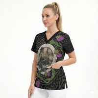 Personalised Loch Ness Monster Scotland Scrub Top Nessie Bagpipe Scottish Thistle Celtic Knot