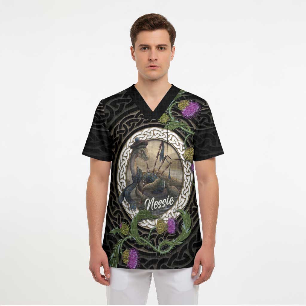 Personalised Loch Ness Monster Scotland Scrub Top Nessie Bagpipe Scottish Thistle Celtic Knot