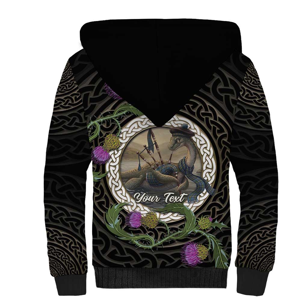 Personalised Loch Ness Monster Scotland Sherpa Hoodie Nessie Bagpipe Scottish Thistle Celtic Knot