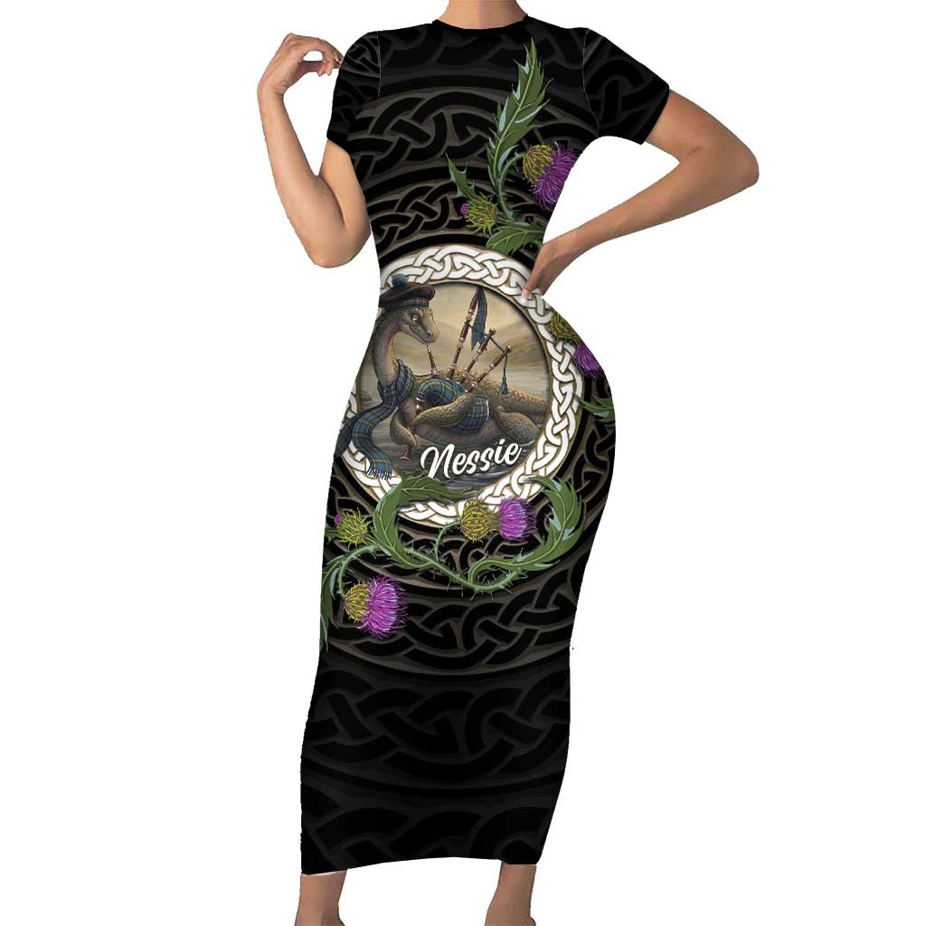 Personalised Loch Ness Monster Scotland Short Sleeve Bodycon Dress Nessie Bagpipe Scottish Thistle Celtic Knot