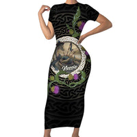 Personalised Loch Ness Monster Scotland Short Sleeve Bodycon Dress Nessie Bagpipe Scottish Thistle Celtic Knot