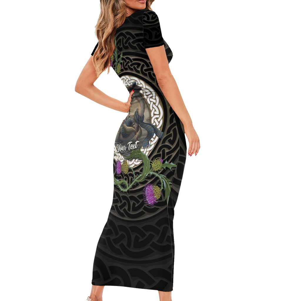 Personalised Loch Ness Monster Scotland Short Sleeve Bodycon Dress Nessie Bagpipe Scottish Thistle Celtic Knot