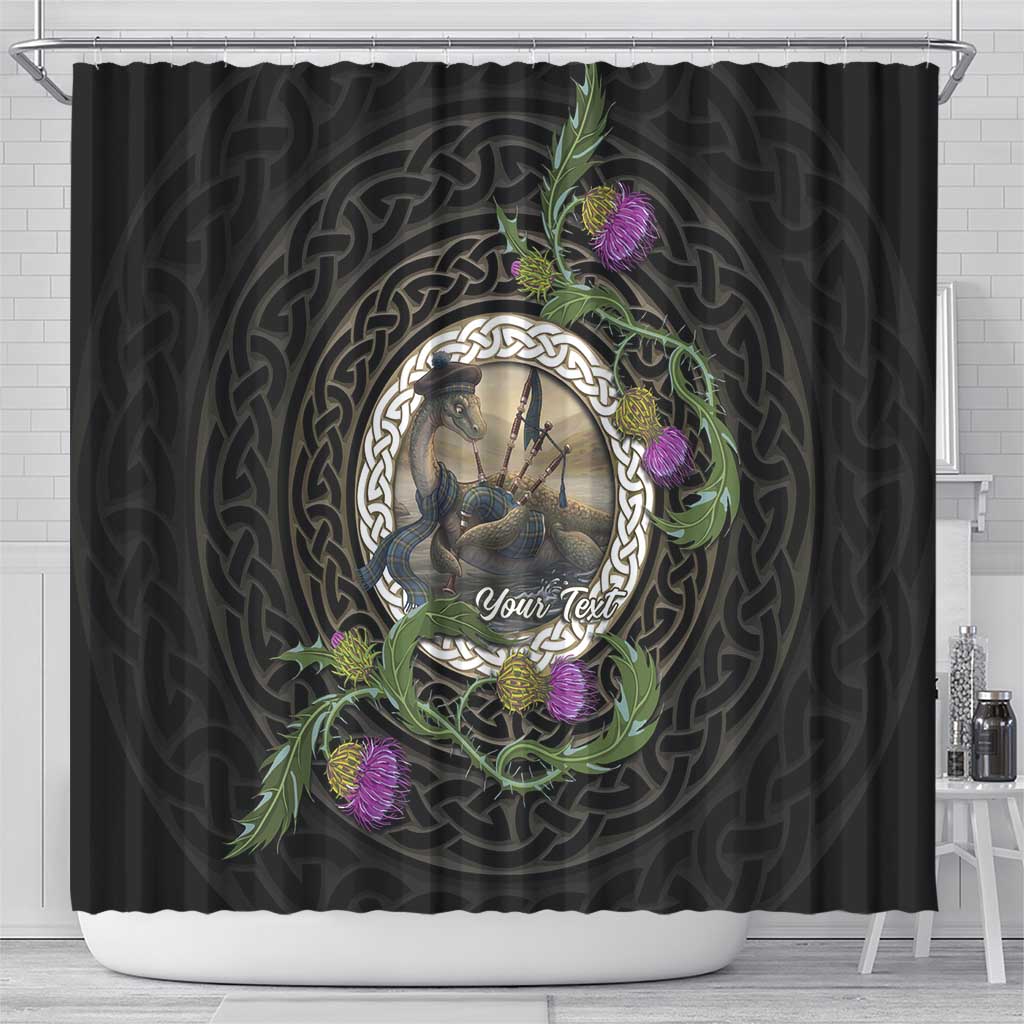 Personalised Loch Ness Monster Scotland Shower Curtain Nessie Bagpipe Scottish Thistle Celtic Knot