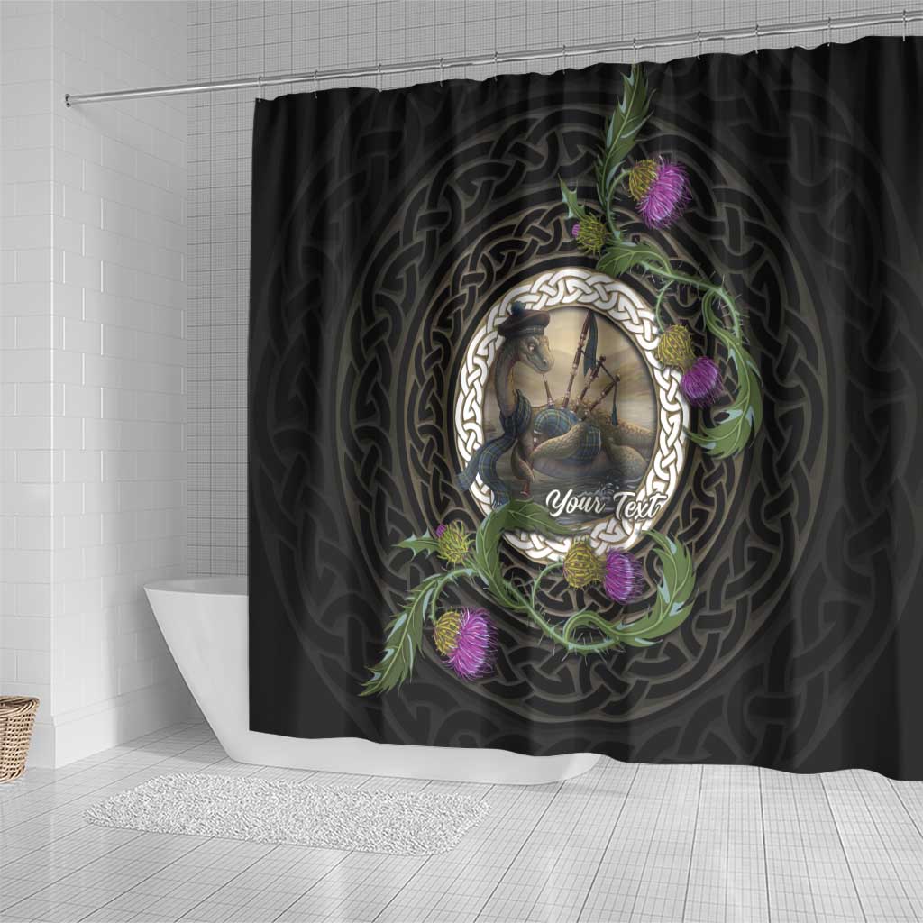 Personalised Loch Ness Monster Scotland Shower Curtain Nessie Bagpipe Scottish Thistle Celtic Knot