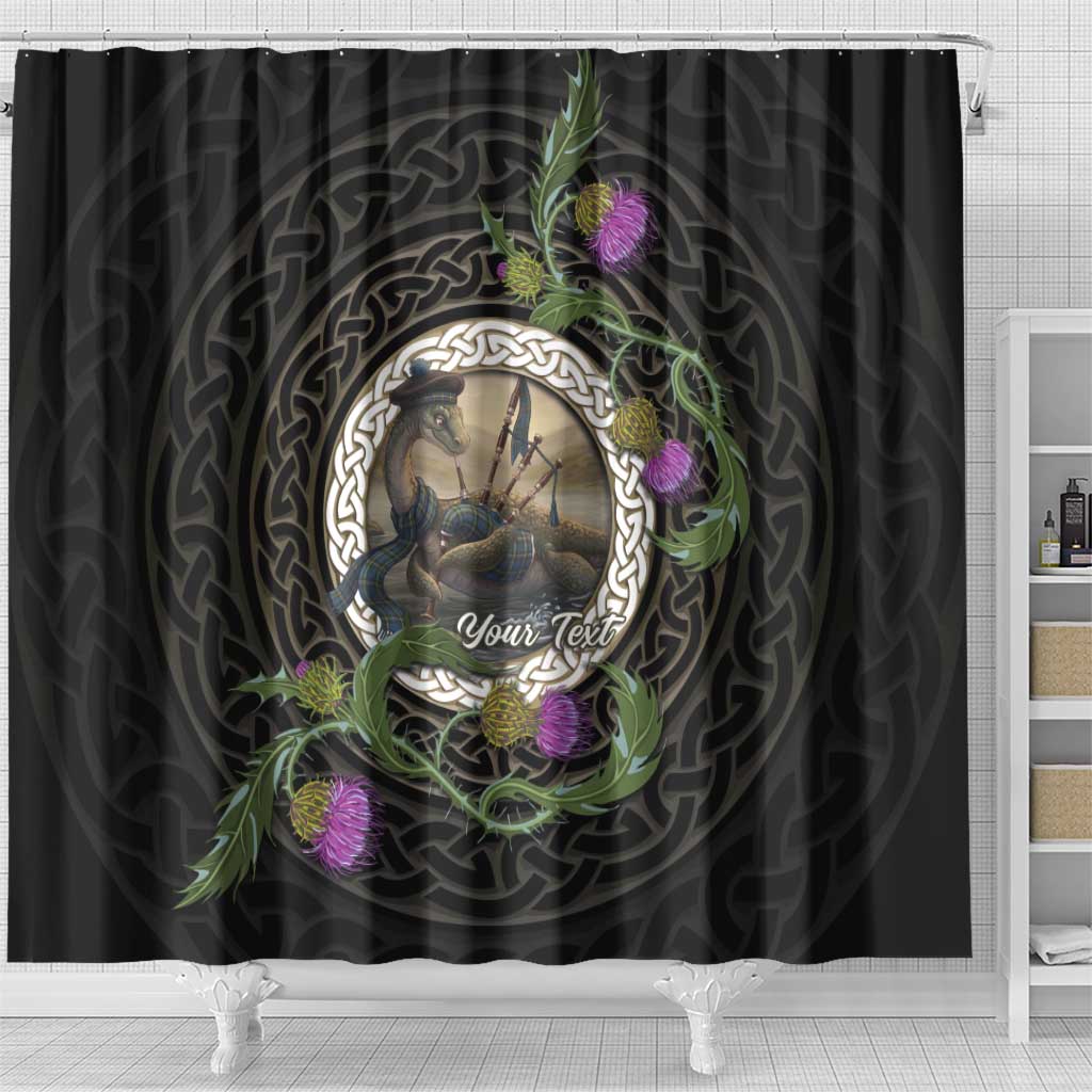 Personalised Loch Ness Monster Scotland Shower Curtain Nessie Bagpipe Scottish Thistle Celtic Knot