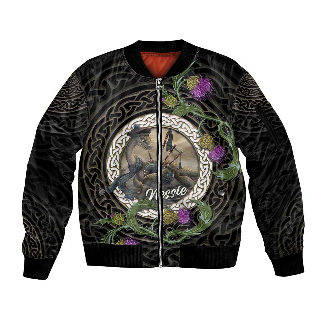 Personalised Loch Ness Monster Scotland Sleeve Zip Bomber Jacket Nessie Bagpipe Scottish Thistle Celtic Knot