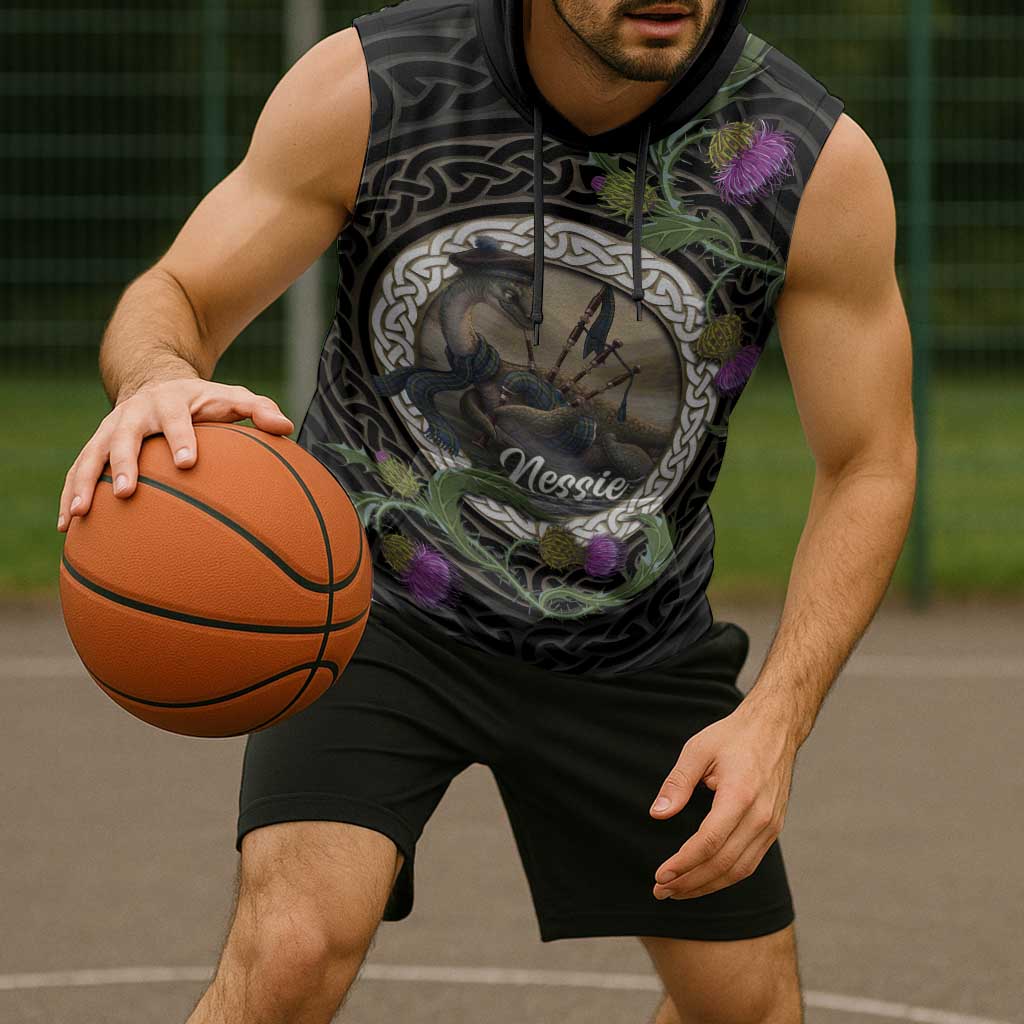 Personalised Loch Ness Monster Scotland Sleeveless Hoodie Nessie Bagpipe Scottish Thistle Celtic Knot