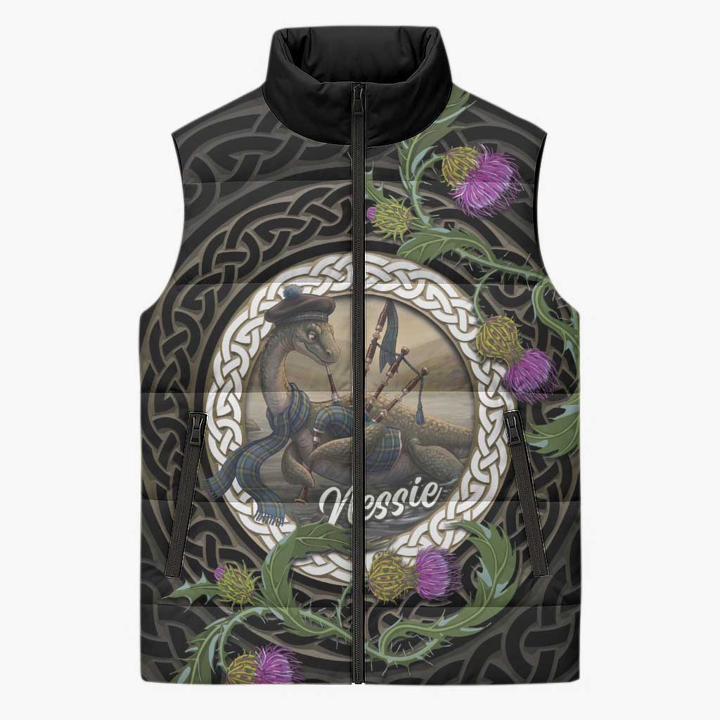 Personalised Loch Ness Monster Scotland Sleeveless Puffer Jacket Nessie Bagpipe Scottish Thistle Celtic Knot