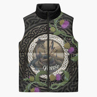 Personalised Loch Ness Monster Scotland Sleeveless Puffer Jacket Nessie Bagpipe Scottish Thistle Celtic Knot