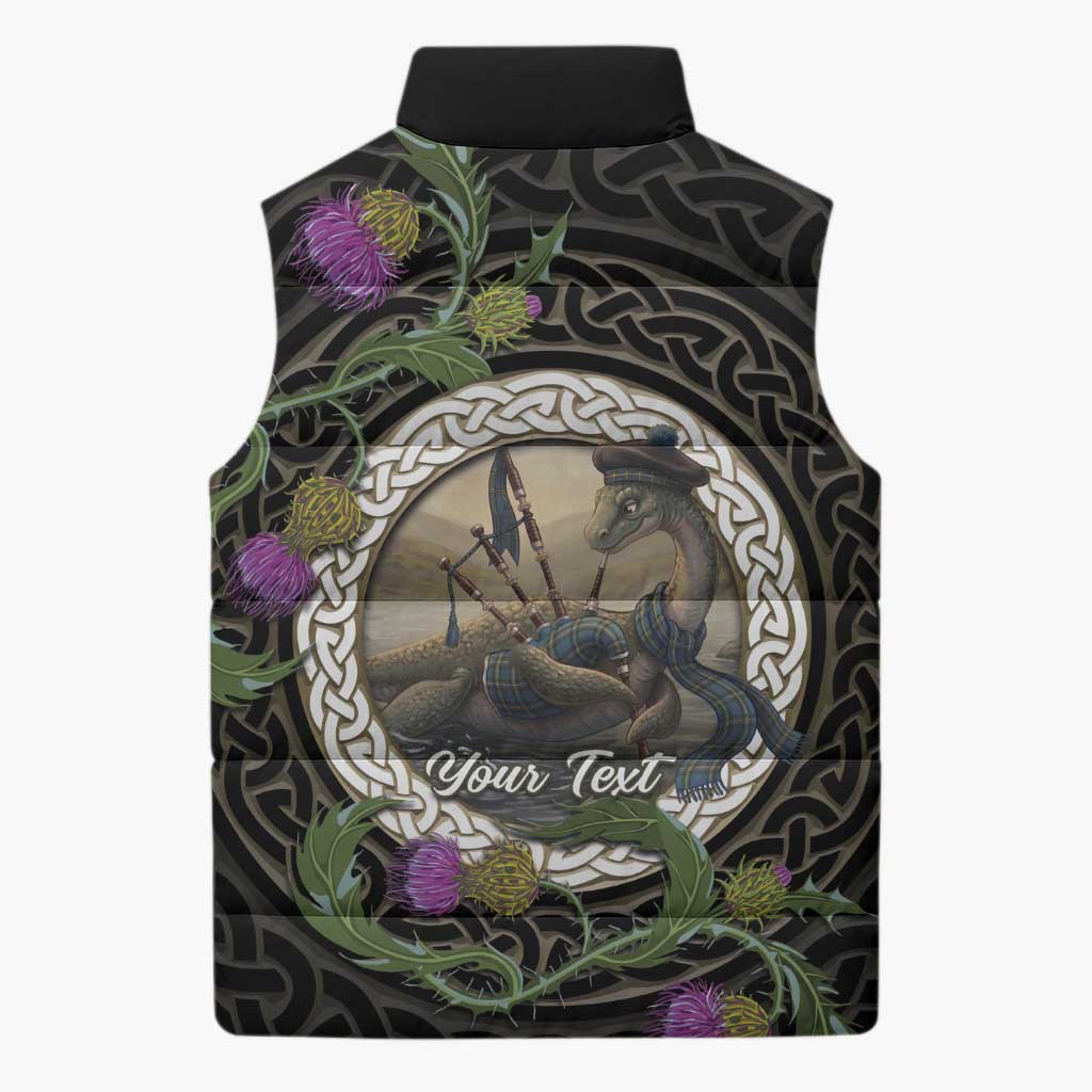 Personalised Loch Ness Monster Scotland Sleeveless Puffer Jacket Nessie Bagpipe Scottish Thistle Celtic Knot