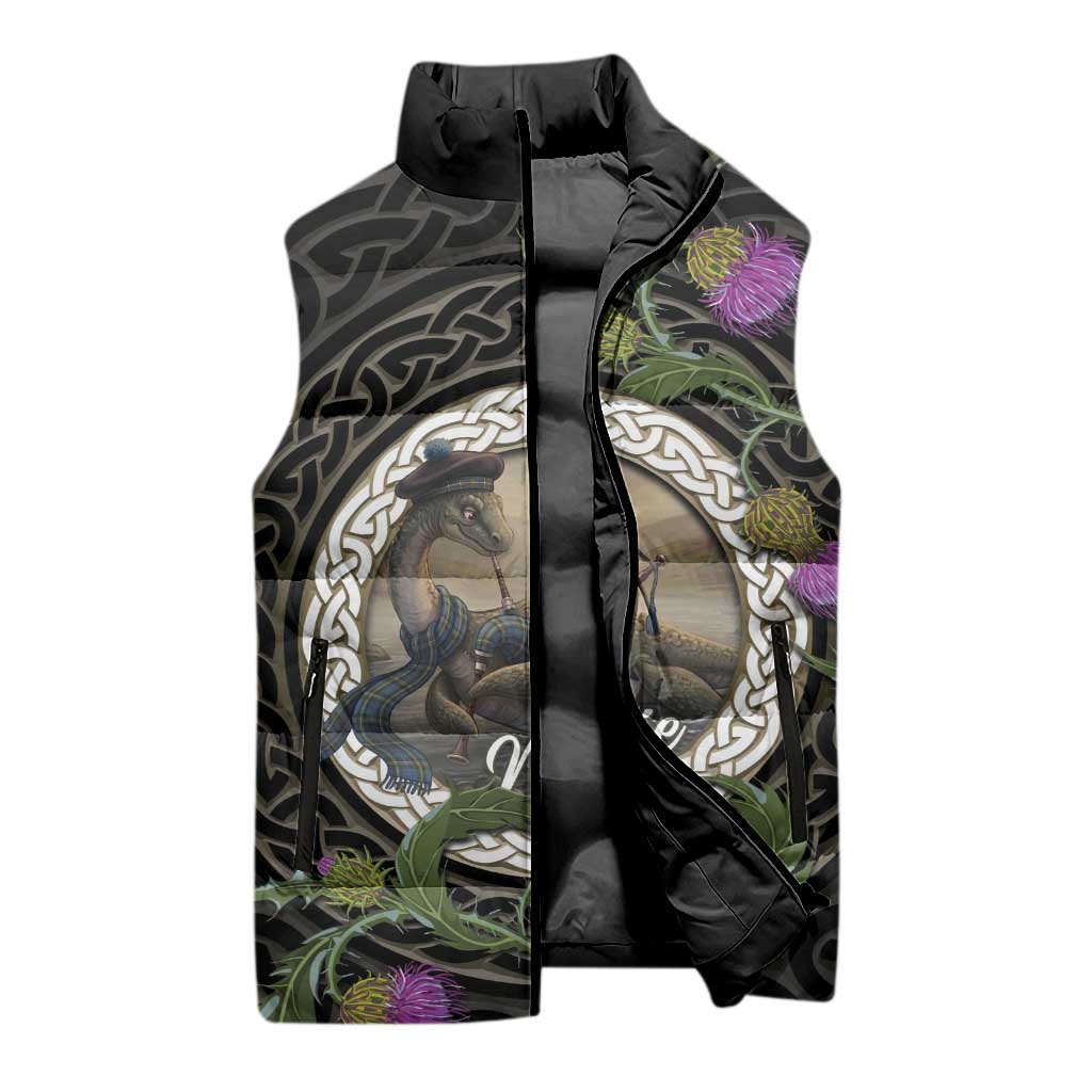 Personalised Loch Ness Monster Scotland Sleeveless Puffer Jacket Nessie Bagpipe Scottish Thistle Celtic Knot