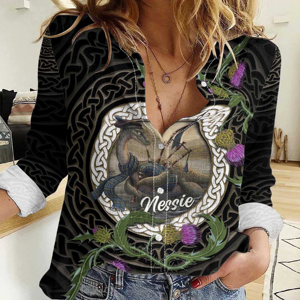 Personalised Loch Ness Monster Scotland Women Casual Shirt Nessie Bagpipe Scottish Thistle Celtic Knot