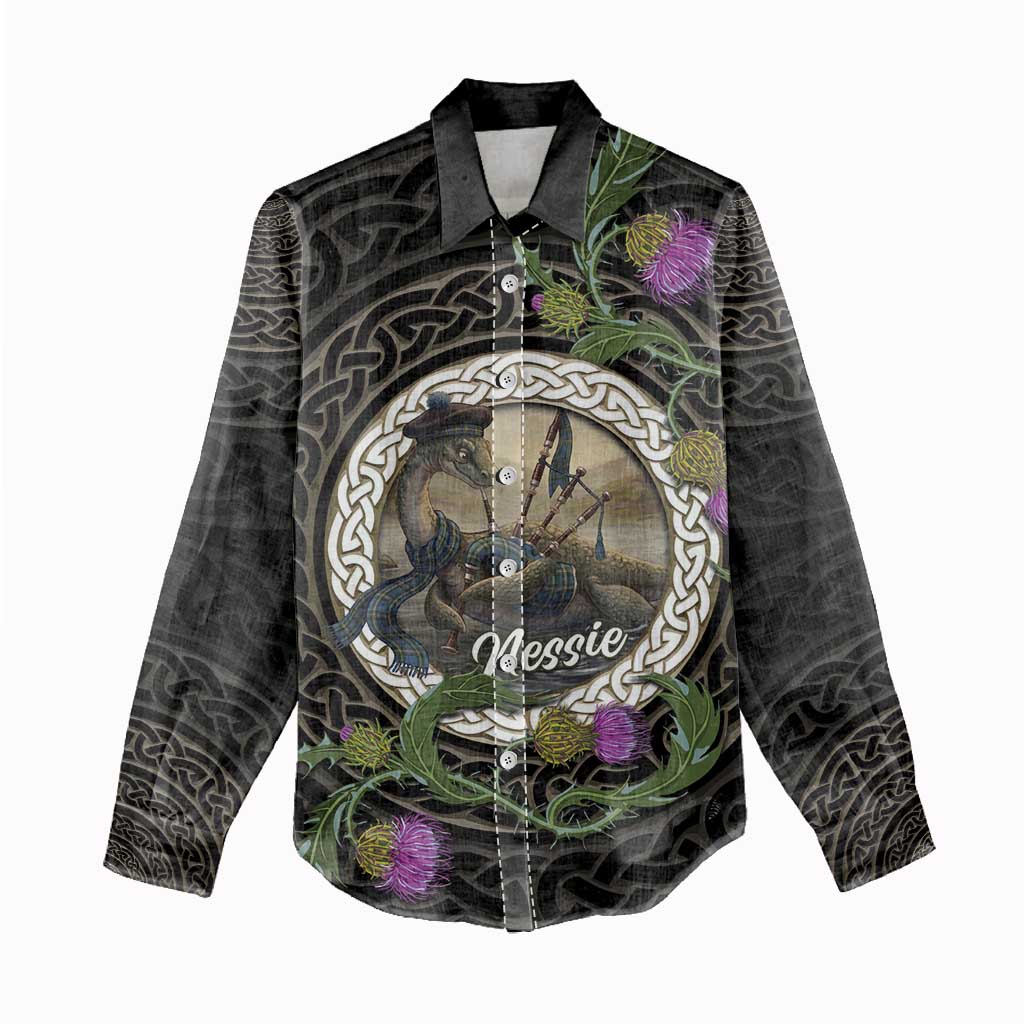 Personalised Loch Ness Monster Scotland Women Casual Shirt Nessie Bagpipe Scottish Thistle Celtic Knot