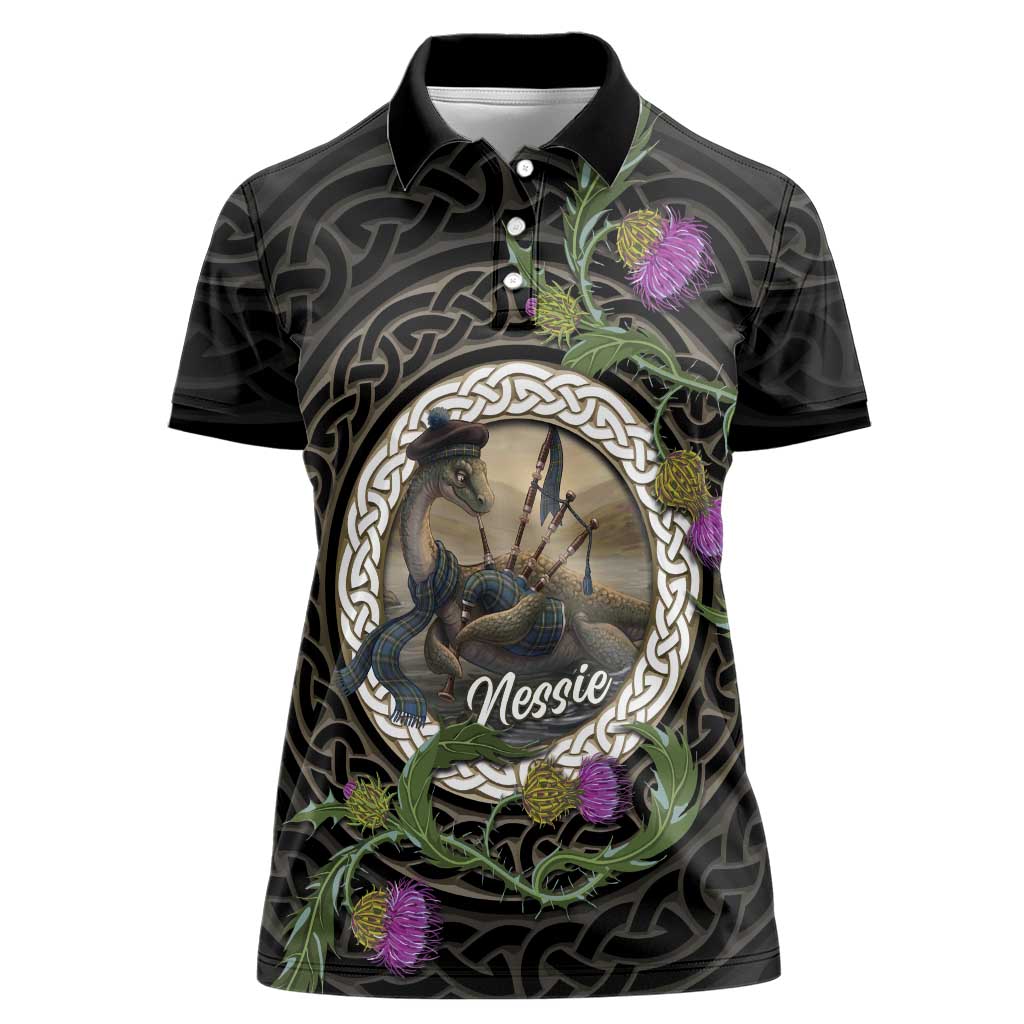Personalised Loch Ness Monster Scotland Women Polo Shirt Nessie Bagpipe Scottish Thistle Celtic Knot