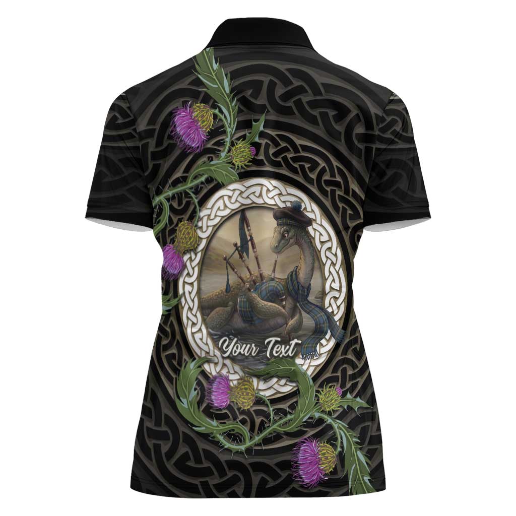 Personalised Loch Ness Monster Scotland Women Polo Shirt Nessie Bagpipe Scottish Thistle Celtic Knot