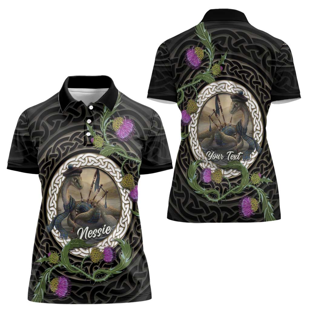 Personalised Loch Ness Monster Scotland Women Polo Shirt Nessie Bagpipe Scottish Thistle Celtic Knot