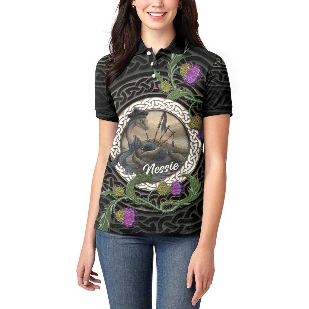 Personalised Loch Ness Monster Scotland Women Polo Shirt Nessie Bagpipe Scottish Thistle Celtic Knot