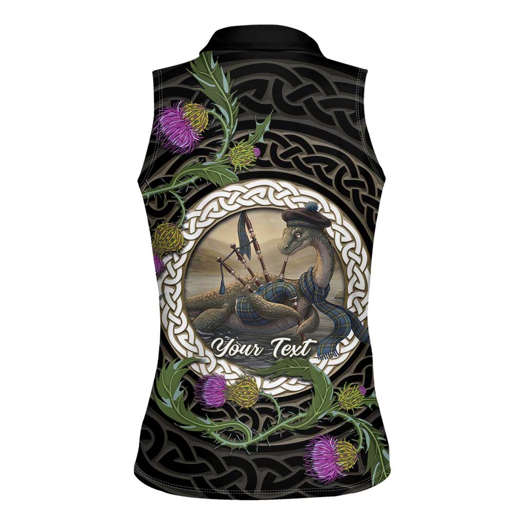 Personalised Loch Ness Monster Scotland Women Sleeveless Polo Shirt Nessie Bagpipe Scottish Thistle Celtic Knot