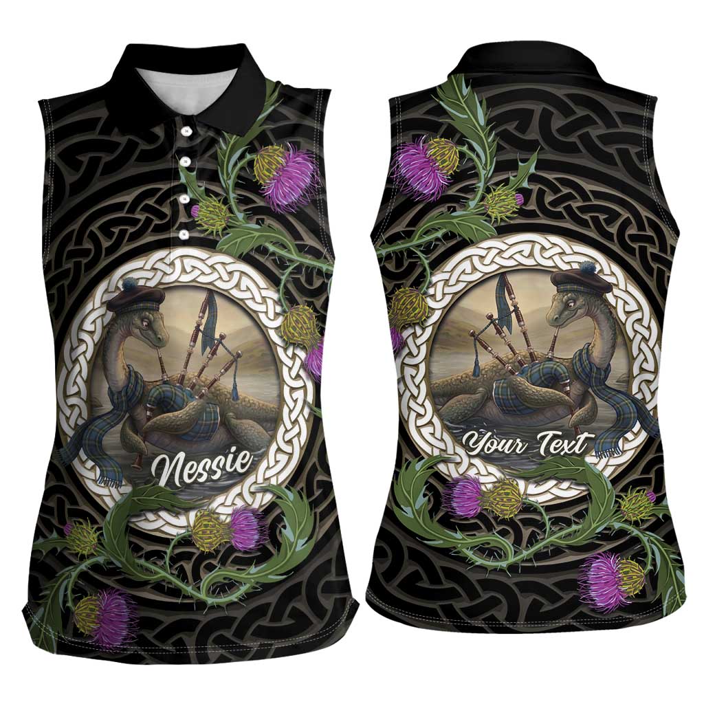 Personalised Loch Ness Monster Scotland Women Sleeveless Polo Shirt Nessie Bagpipe Scottish Thistle Celtic Knot