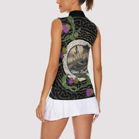 Personalised Loch Ness Monster Scotland Women Sleeveless Polo Shirt Nessie Bagpipe Scottish Thistle Celtic Knot