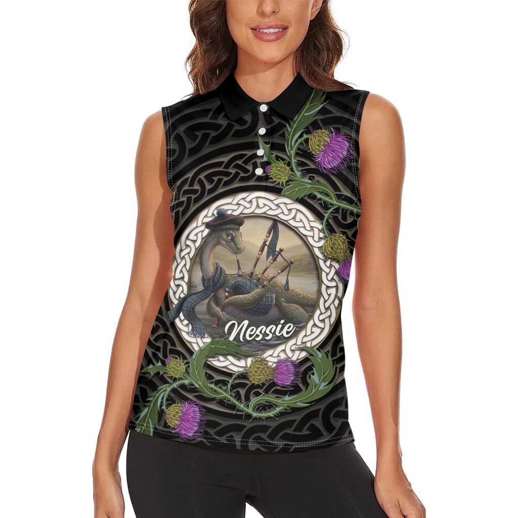 Personalised Loch Ness Monster Scotland Women Sleeveless Polo Shirt Nessie Bagpipe Scottish Thistle Celtic Knot
