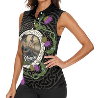 Personalised Loch Ness Monster Scotland Women Sleeveless Polo Shirt Nessie Bagpipe Scottish Thistle Celtic Knot