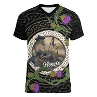 Personalised Loch Ness Monster Scotland Women V-Neck T-Shirt Nessie Bagpipe Scottish Thistle Celtic Knot