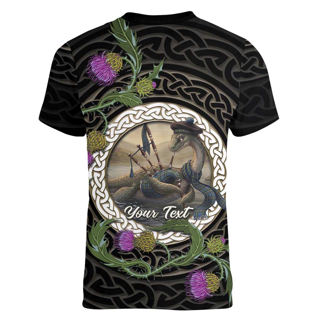 Personalised Loch Ness Monster Scotland Women V-Neck T-Shirt Nessie Bagpipe Scottish Thistle Celtic Knot