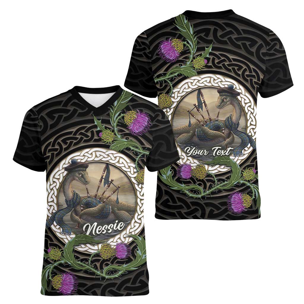 Personalised Loch Ness Monster Scotland Women V-Neck T-Shirt Nessie Bagpipe Scottish Thistle Celtic Knot