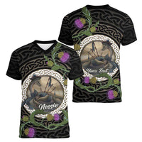 Personalised Loch Ness Monster Scotland Women V-Neck T-Shirt Nessie Bagpipe Scottish Thistle Celtic Knot