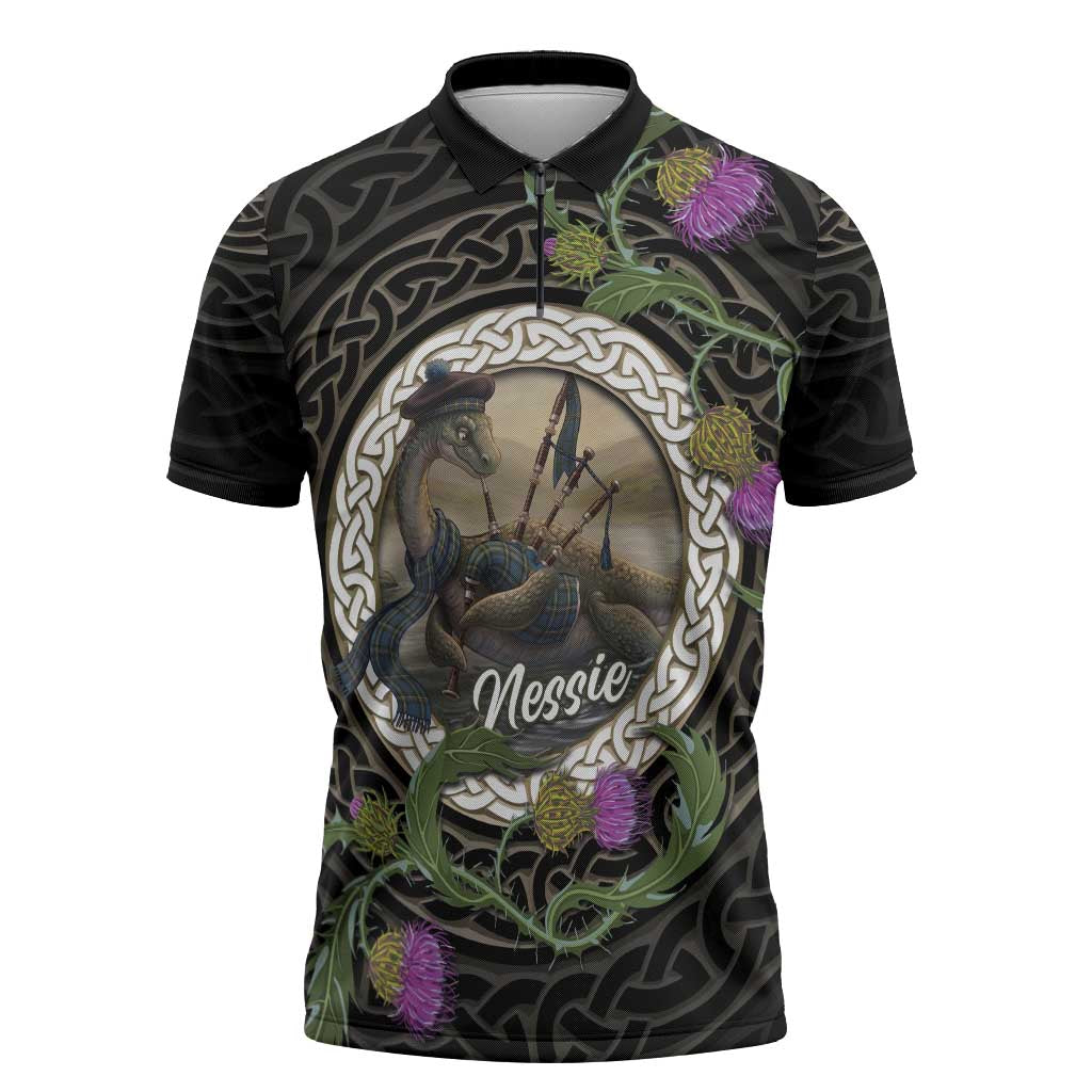 Personalised Loch Ness Monster Scotland Zipper Polo Shirt Nessie Bagpipe Scottish Thistle Celtic Knot