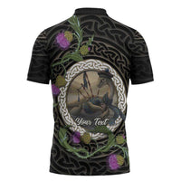 Personalised Loch Ness Monster Scotland Zipper Polo Shirt Nessie Bagpipe Scottish Thistle Celtic Knot