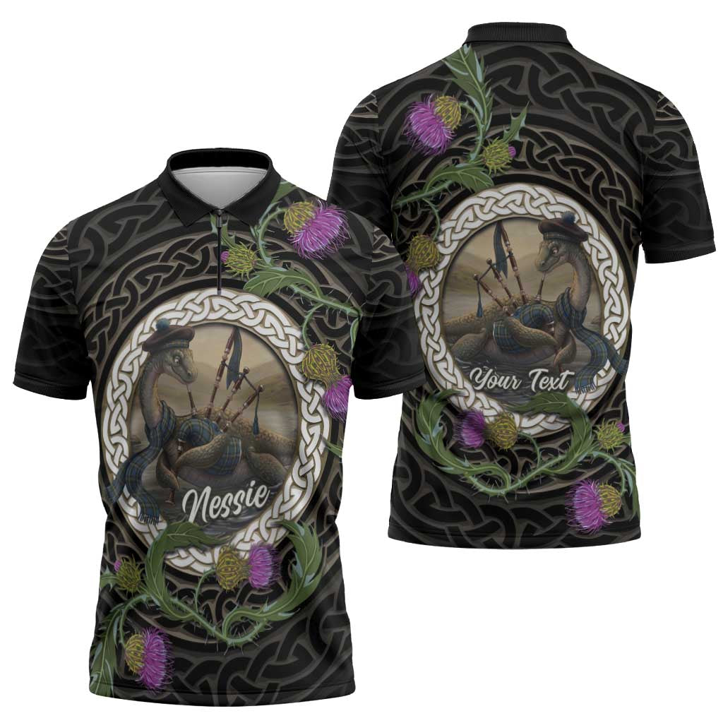 Personalised Loch Ness Monster Scotland Zipper Polo Shirt Nessie Bagpipe Scottish Thistle Celtic Knot