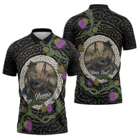 Personalised Loch Ness Monster Scotland Zipper Polo Shirt Nessie Bagpipe Scottish Thistle Celtic Knot
