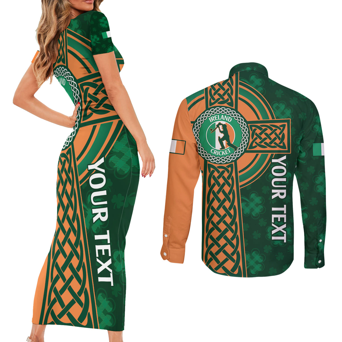 Custom Ireland Cricket Couples Matching Short Sleeve Bodycon Dress and Long Sleeve Button Shirt 2024 Celtic Shamrock Go Champions - Wonder Print Shop