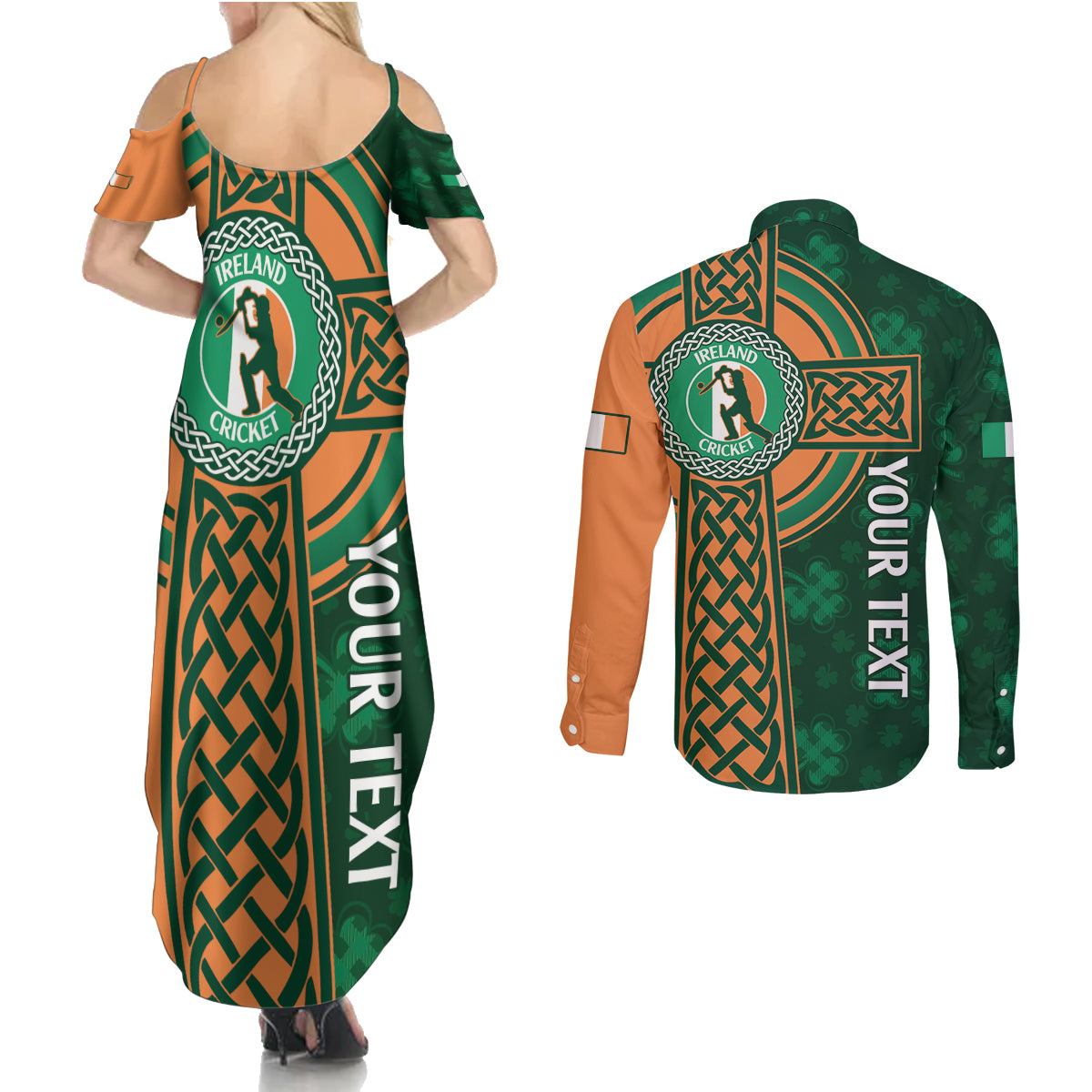 Custom Ireland Cricket Couples Matching Summer Maxi Dress and Long Sleeve Button Shirt 2024 Celtic Shamrock Go Champions - Wonder Print Shop