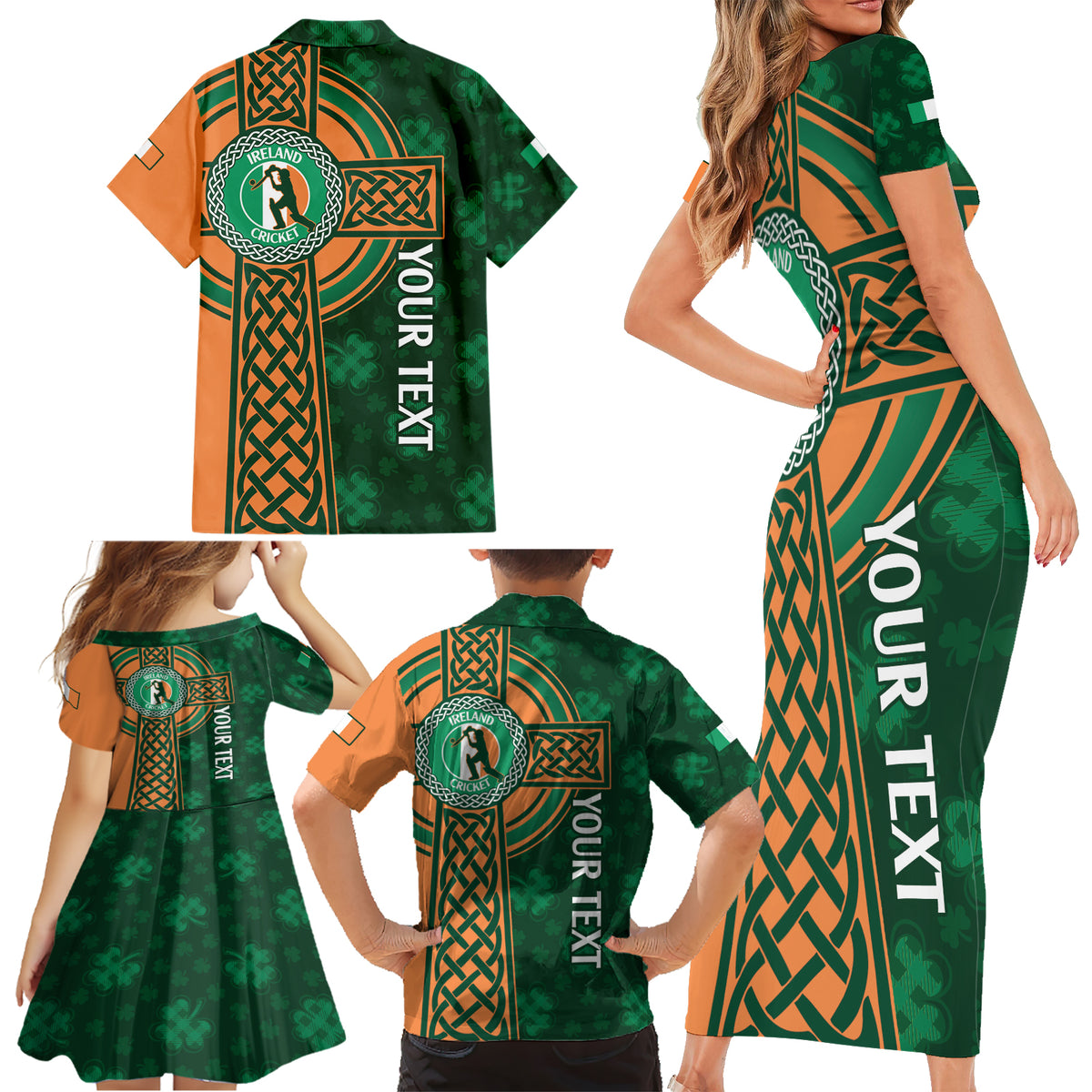 Custom Ireland Cricket Family Matching Short Sleeve Bodycon Dress and Hawaiian Shirt 2024 Celtic Shamrock Go Champions - Wonder Print Shop