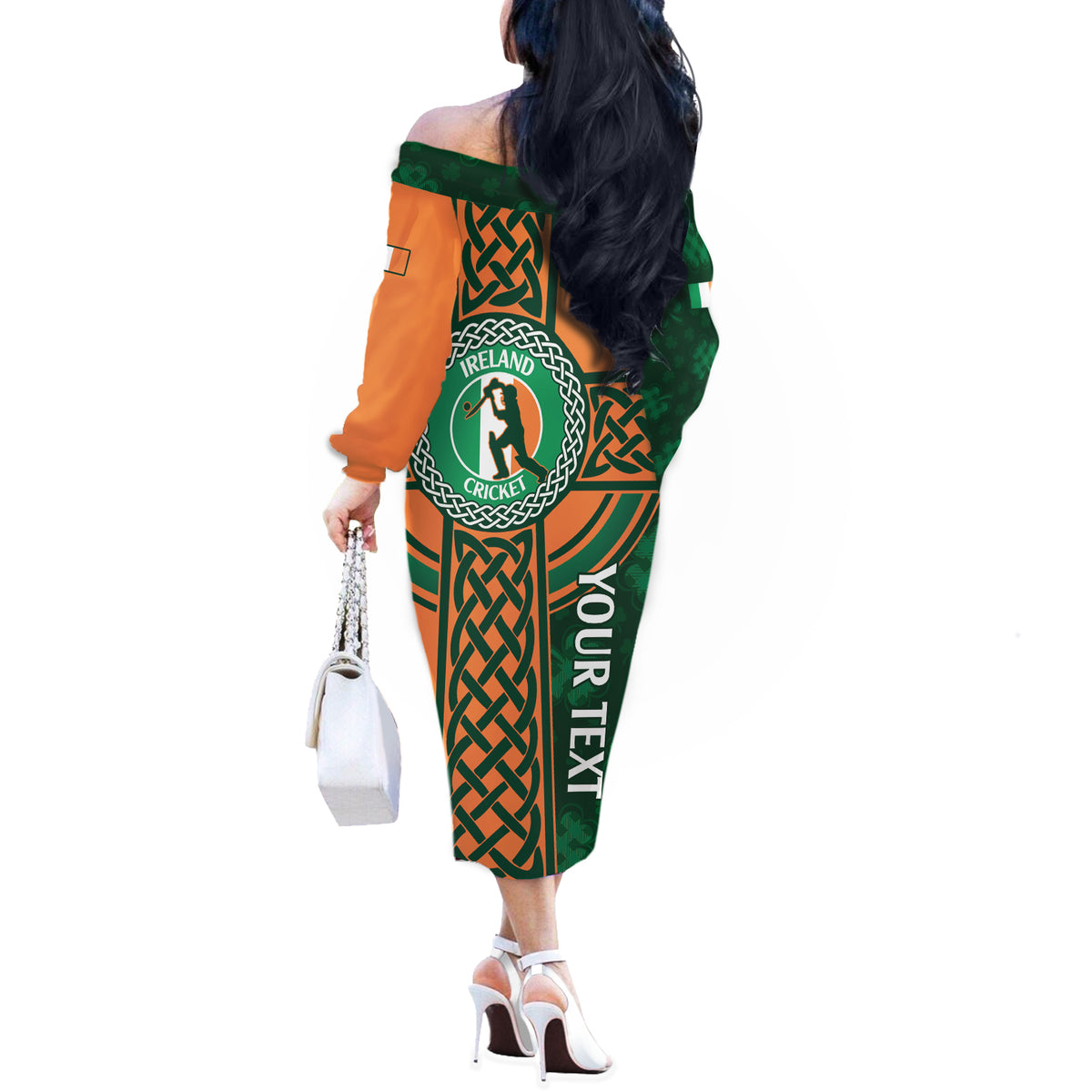 Custom Ireland Cricket Off The Shoulder Long Sleeve Dress 2024 Celtic Shamrock Go Champions - Wonder Print Shop