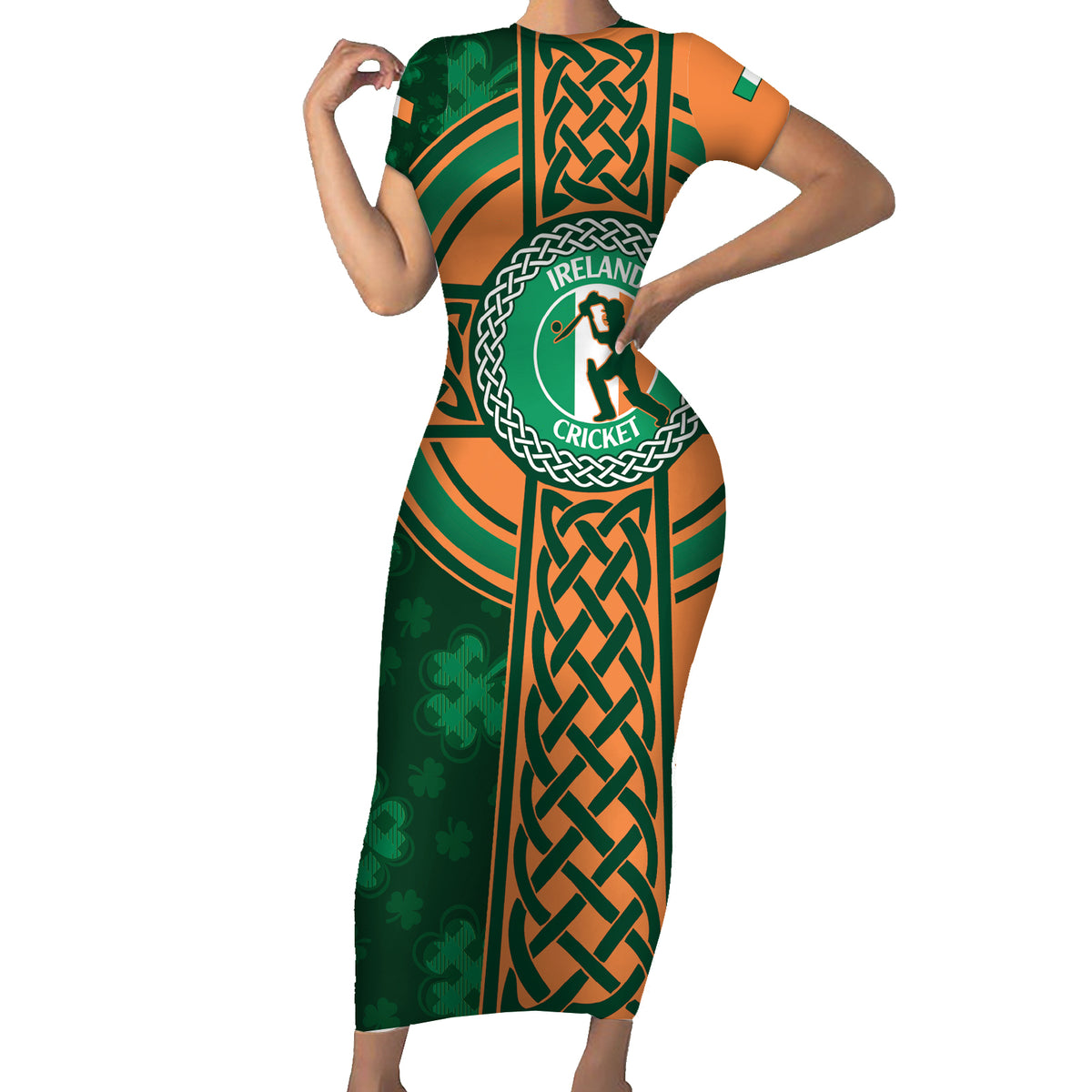 Custom Ireland Cricket Short Sleeve Bodycon Dress 2024 Celtic Shamrock Go Champions - Wonder Print Shop